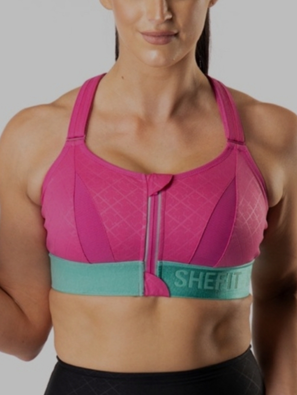 SHEFIT Pink and Teal Front-Zip High-Impact Sports Bra